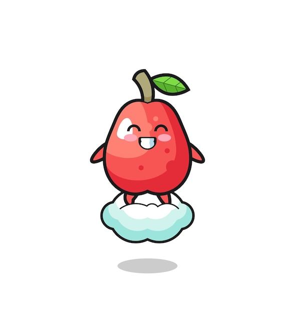 Cute water apple illustration riding a floating cloud