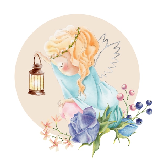 Cute watercolor angel girl with light and rose flowers