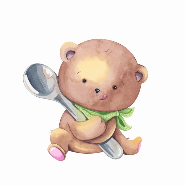 Cute watercolor bear with a spoon and a handkerchief around his neck