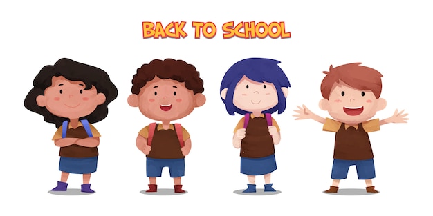 Cute watercolor children characters ready back to school