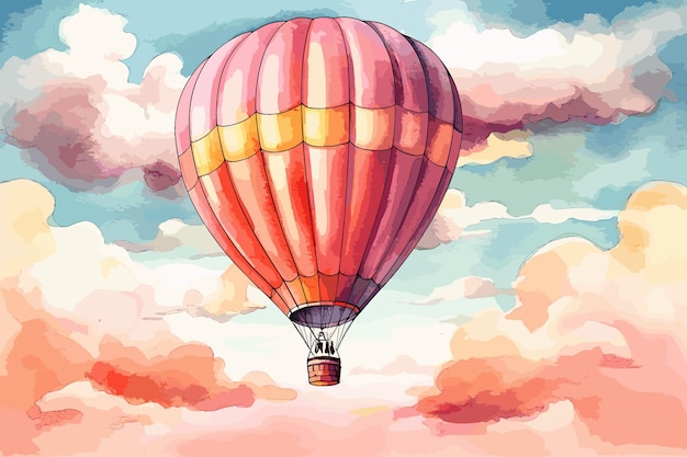 A cute watercolor family tourist flies in a balloon watercolor illustration seascape colorful