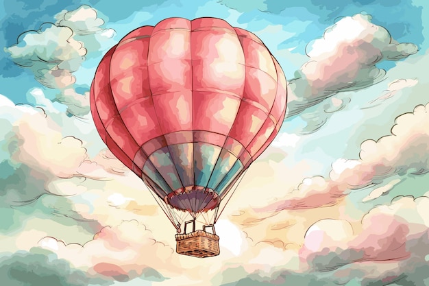 A cute watercolor family tourist flies in a balloon watercolor illustration seascape colorful