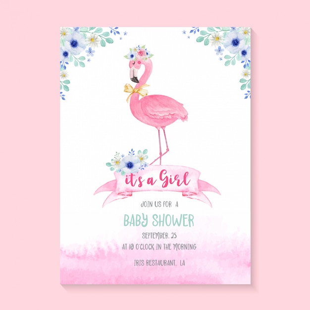 Cute watercolor Flamingo and flowers for Baby shower Party Invitation. Baby Shower template invitation card