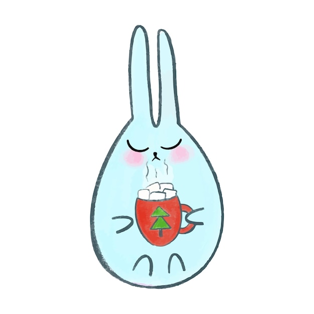 Cute watercolor hand drawn christmas blue bunny with a cup of cocoa. Rabbit with New Year's decors.