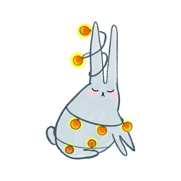 Cute watercolor hand drawn christmas gray bunny wrapped in garland. Bunny with New Year's decoration