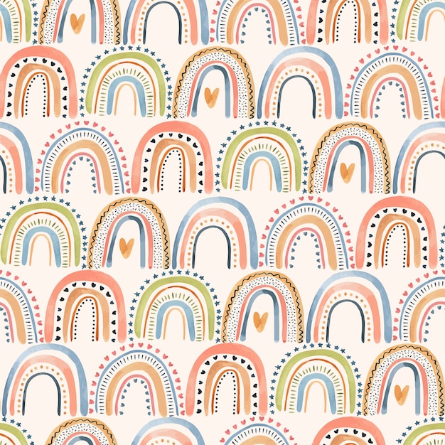 Cute watercolor hand drown seamless pattern with colorful pastel rainbows