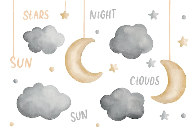 Cute watercolor illustration for baby and kids with moon stars clouds