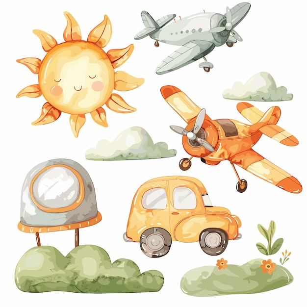 Vector cute watercolor illustration of sun airplane car and clouds