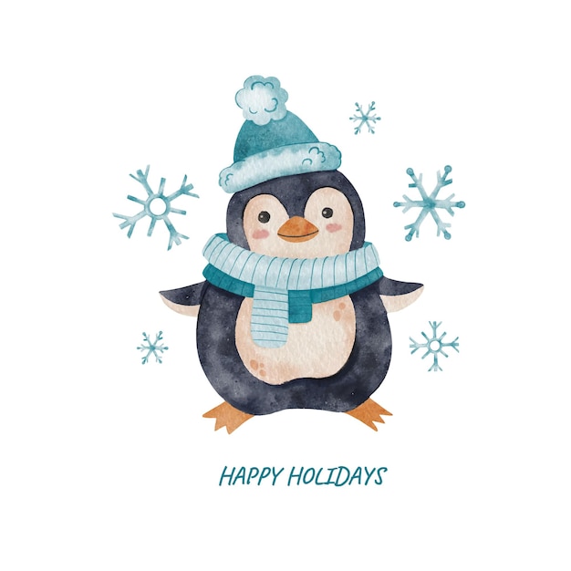 Cute watercolor penguin in Christmas hat and scarf for greeting card