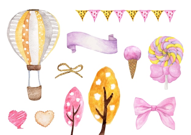 Cute watercolor romantic illustration set of design elements.