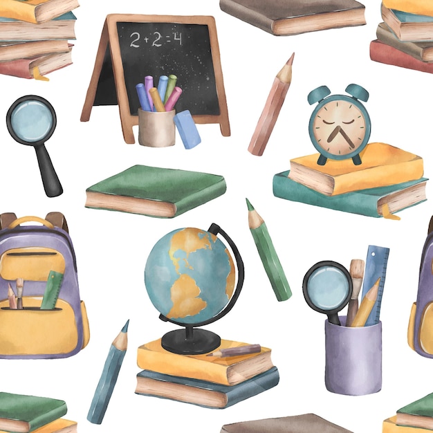 Cute watercolor seamless pattern with school supplies Back to school background