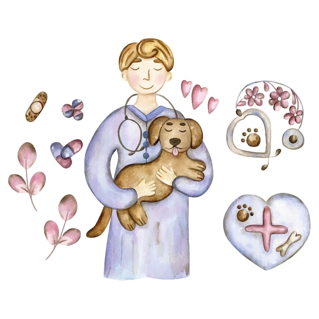 Cute watercolor set of vet doctor with dogHand draw profession Veterinarian illustration design