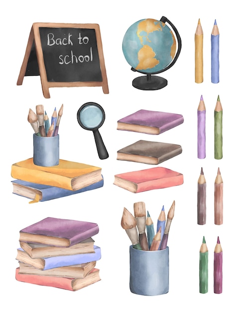 Cute watercolor set with school supplies Back to school illustrations