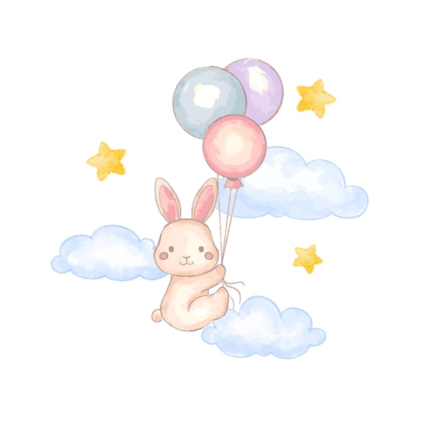 Cute watercolor style bunny flying with balloons