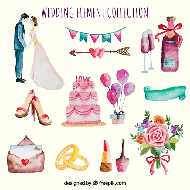 Vector cute watercolor wedding elements