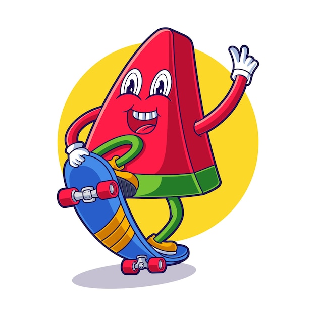 Cute Watermelon Character Playing Skateboard Cartoon Illustration