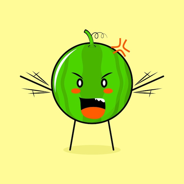 cute watermelon character with angry expression. green and yellow. used for emoticon, logo, mascot