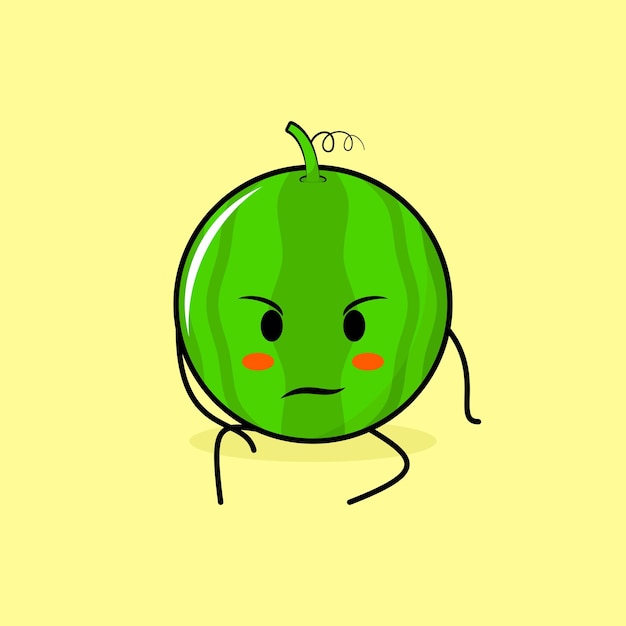 cute watermelon character with intimidation expression and sit down. green and yellow