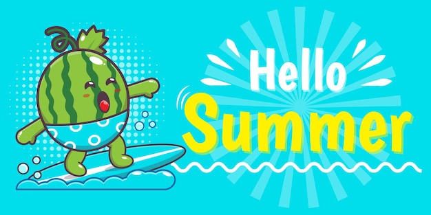 Cute watermelon character with summer greeting banner