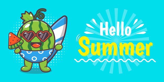 Cute watermelon character with summer greeting banner