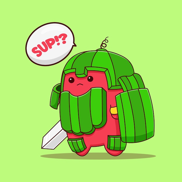 Cute watermelon knight mascot standby illustration