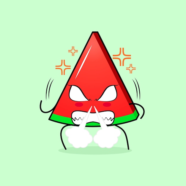 cute watermelon slice character with angry expression. nose blowing smoke, eyes bulging and grinning