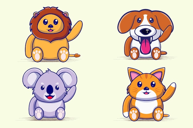 Cute waving mammal animal cartoon set