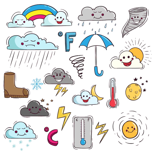 Cute weather elements in doodle style