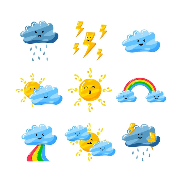 Cute weather in flat hand drawn style set pack