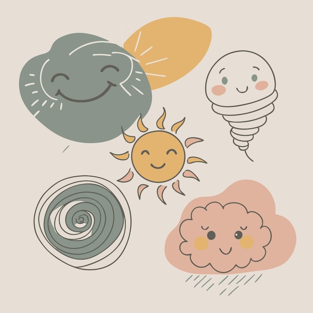 Vector cute weather icons with sun cloud and tornado illustrations