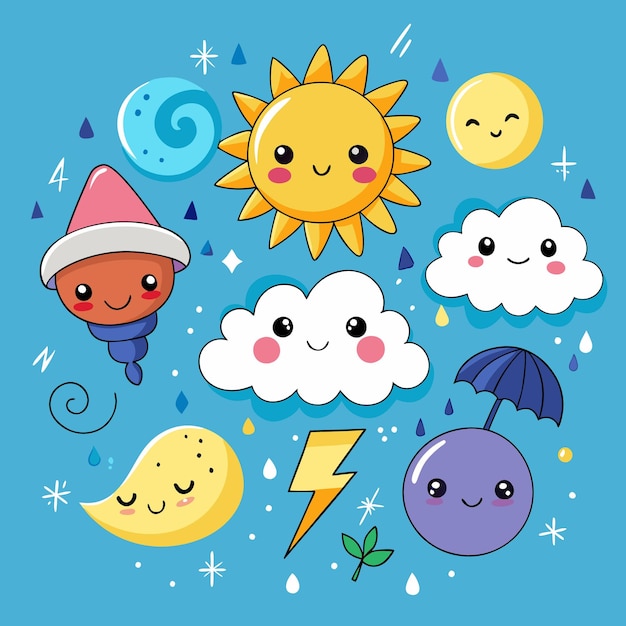 Vector cute weather icons with sun cloud and tornado illustrations