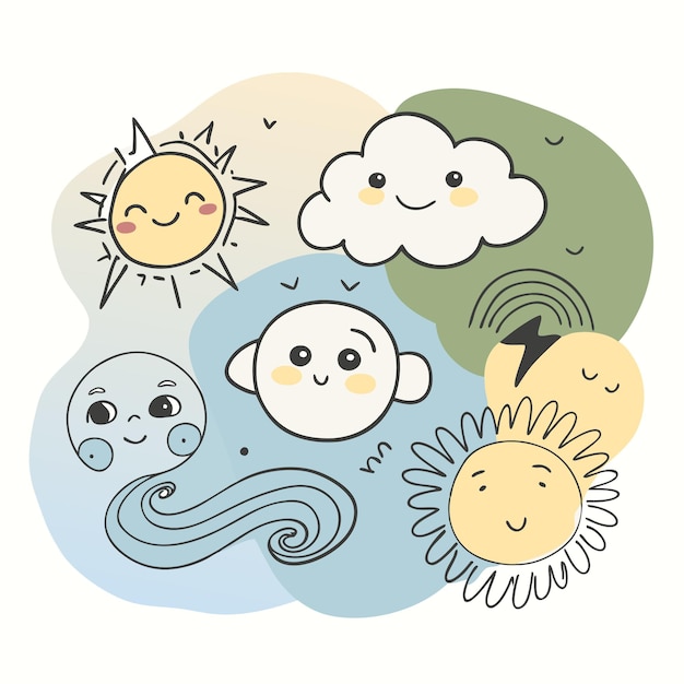 Vector cute weather icons with sun cloud and tornado illustrations