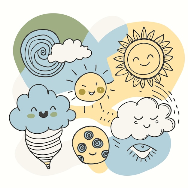 Vector cute weather icons with sun cloud and tornado illustrations