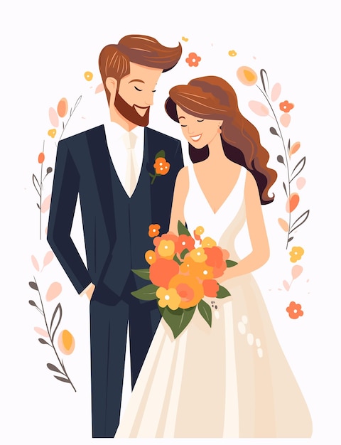 cute wedding couple flat design vector illustration