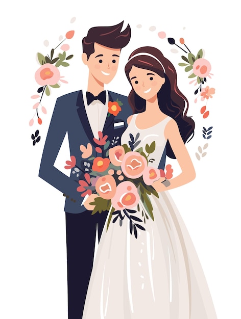 cute wedding couple flat design vector illustration