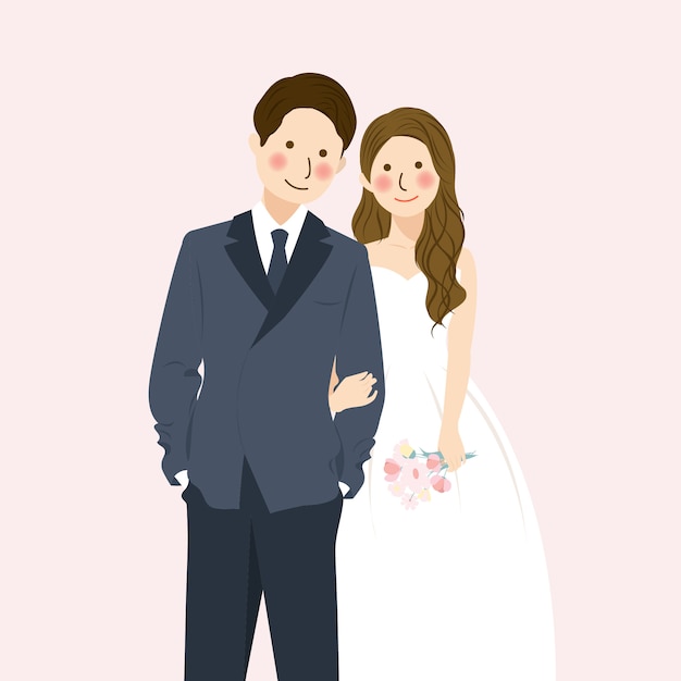 Cute Wedding Couple Holding Hand and embracing in formal wedding attire, Romantic cute couple illustration character with Flower Bouquet