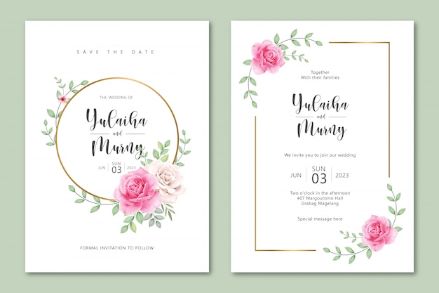 Cute wedding invitation card template with roses watercolor