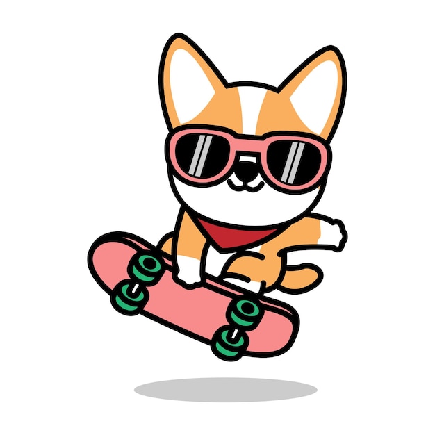 Cute welsh corgi dog playing skateboard cartoon