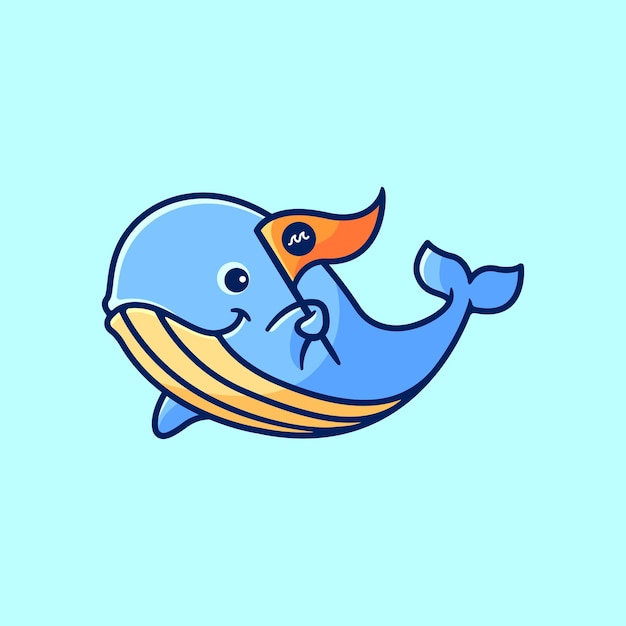 a cute whale bringing a flag cartoon illustration