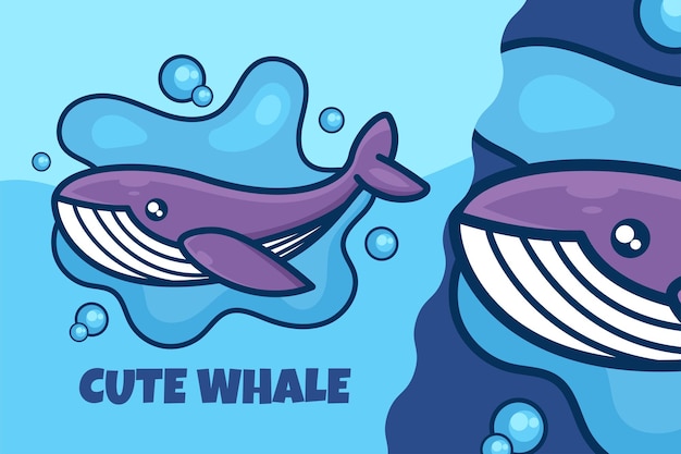 Cute whale cartoon mascot character and logo illustration