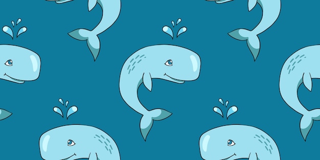 Cute whale vector seamless pattern in the style of doodles hand drawn