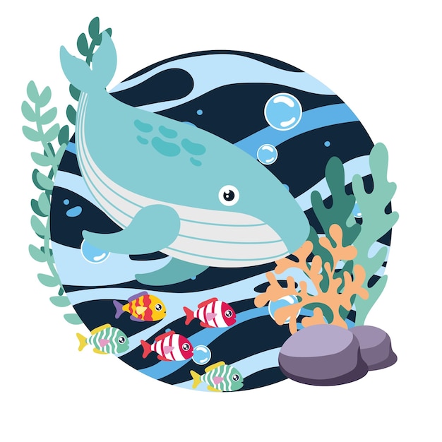 Vector cute whale with sea creatures in ocean scene vector