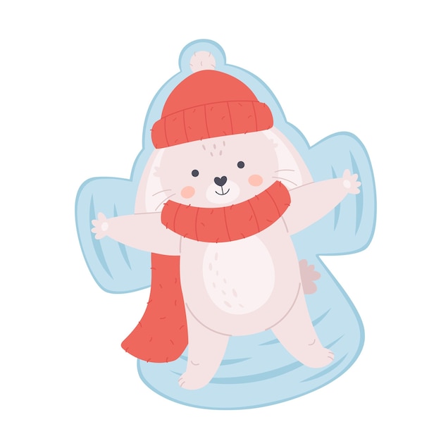 Cute white bunny in hat and scarf doing snow angel. Winter animals. Hello winter.