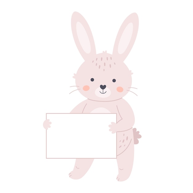 Cute white bunny holding empty banner. Rabbit with empty placard. Hand drawn vector illustration