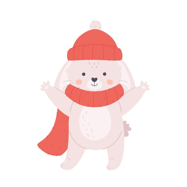 Cute white bunny in scarf and hat. Hello winter, wintertime. Year of the Rabbit. Happy holidays