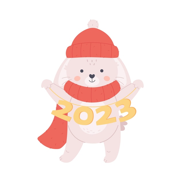 Cute white bunny in scarf and hat wishes a Happy New Year 2023. Year of the Rabbit. Winter holidays