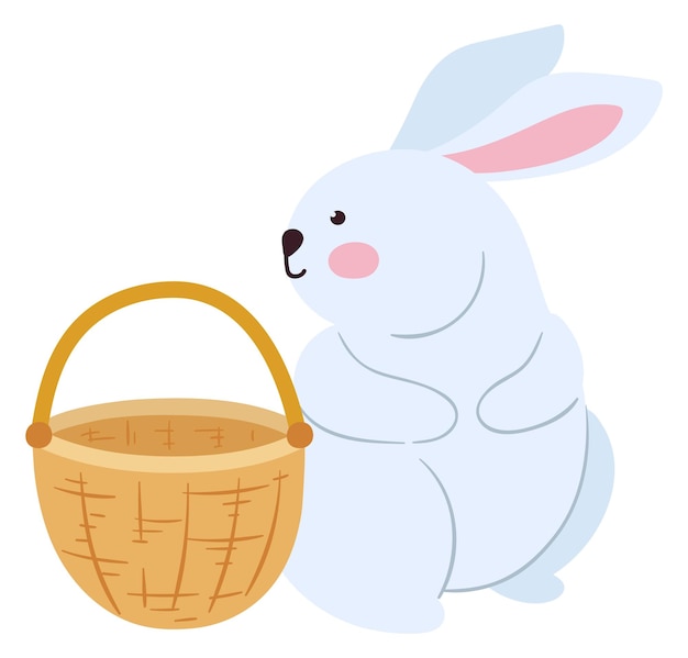 Cute white bunny with spring basket Funny rabbit isolated on white background