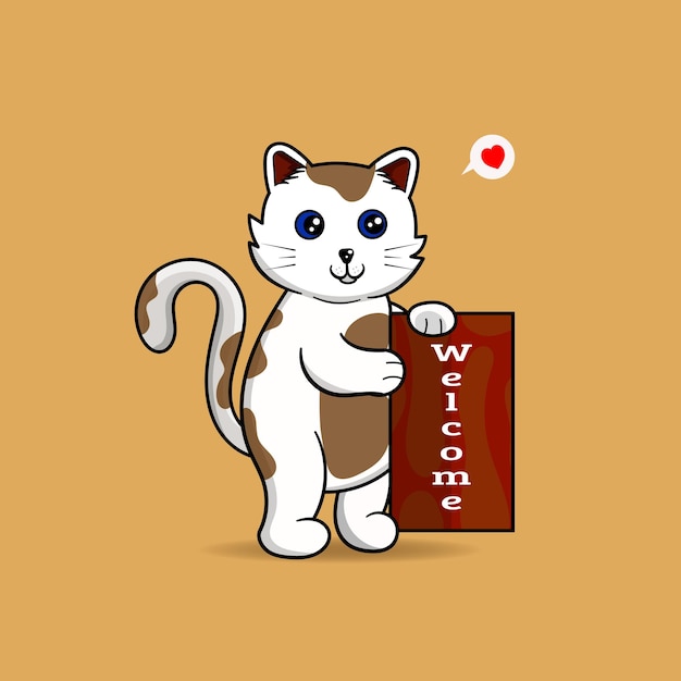 Cute white cat holding welcome board Premium vector cute animal character concept