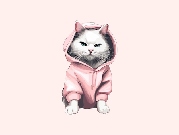 A cute white cat in a pink sweater Funny cat in clothes vector illustration