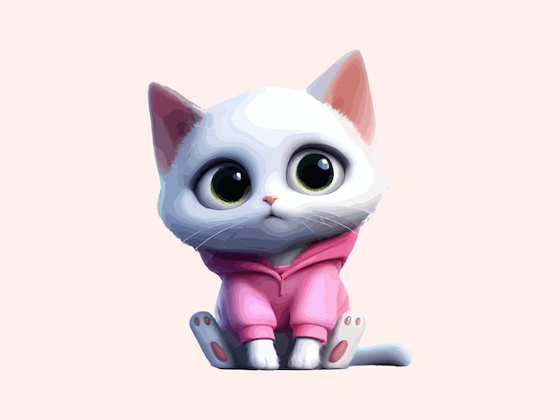 A cute white cat in a pink sweater Funny cat in clothes vector illustration